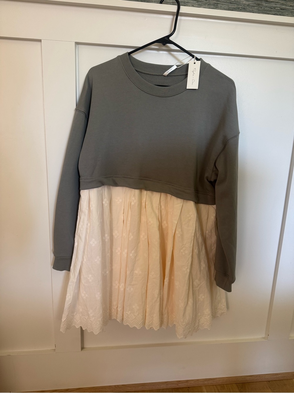 Rylee + Cru Olive Green Sweat + Cream Lace Skirt Dress
